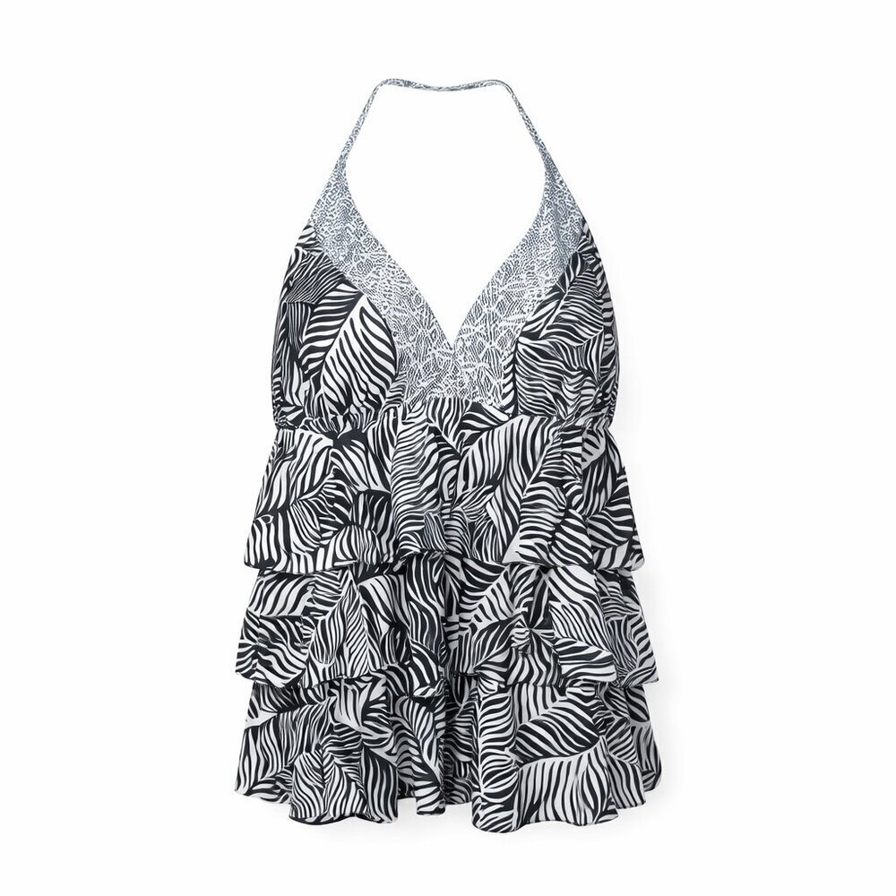 CATALINA Halter Black White Ruffle Swim Top Plus Size XL (16-18)